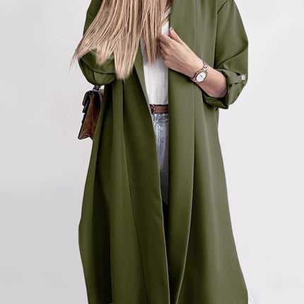 Slit Open Front Roll-Tab Sleeve Trench Coat