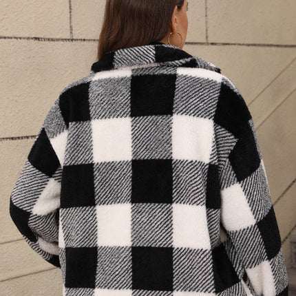 Plus Size Pocketed Plaid Collared Neck Jacket