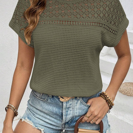 Waffle-Knit Round Neck Short Sleeve Top