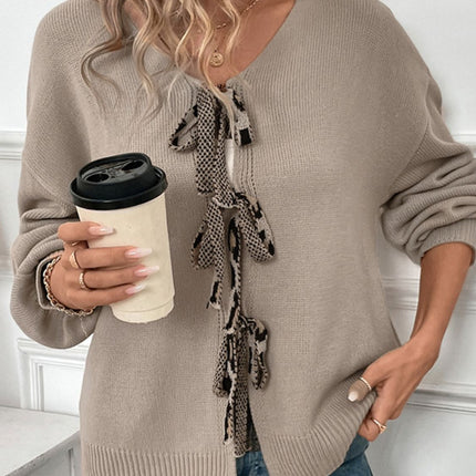 Perfee Tied Contrast Heart V-Neck Long Sleeve Cardigan