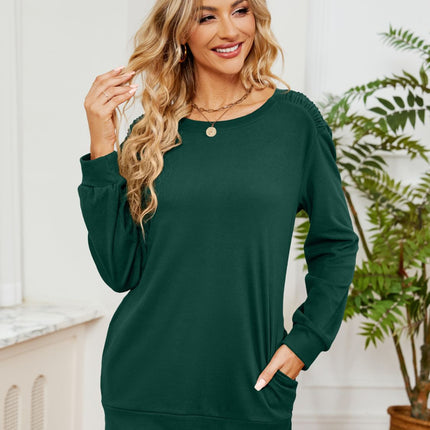 Ruched Shoulder Round Neck Long Sleeve Sweatshirt