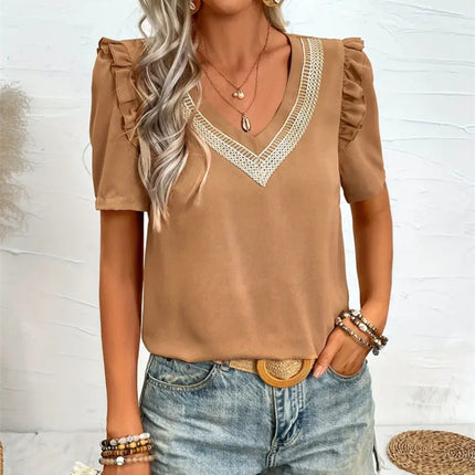 Ruffled V-Neck Short Sleeve Blouse