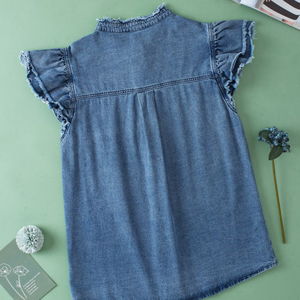 Raw Hem Button Up Cap Sleeve Denim Top