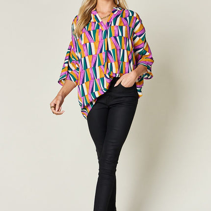 Double Take Full Size Geometric Notched Raglan Sleeve Blouse