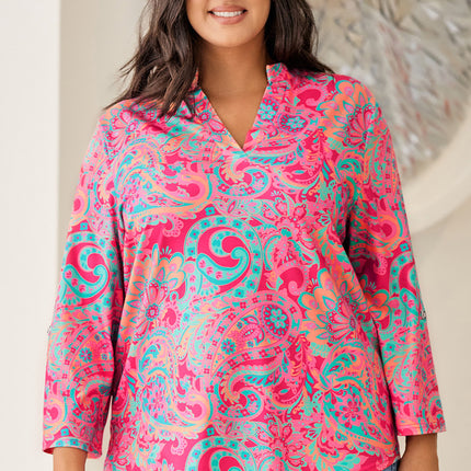 Plus Size Printed Notched Long Sleeve Blouse