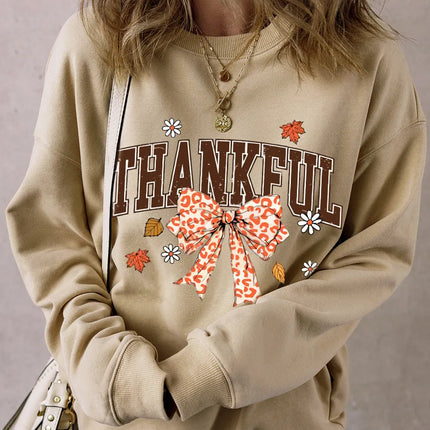 THANKFUL Bow Round Neck Long Sleeve Sweatshirt