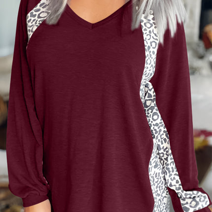 Full Size Leopard V-Neck Long Sleeve T-Shirt