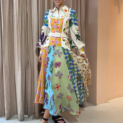 2023 Autumn Print Holiday Women Beach Dress With Belts A-line Long Lantern Sleeve Single Breasted Lapel Seaside Dresses Robe