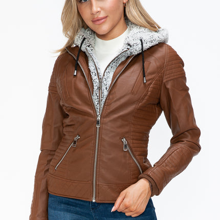 YMI Faux Layered Double-Zipper Jacket with Fuzzy Hood