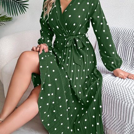 Tied Polka Dot Long Sleeve Midi Dress