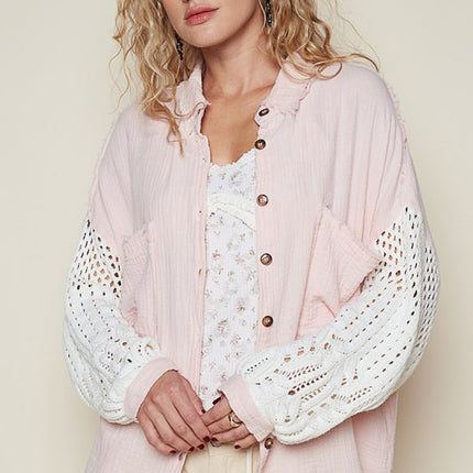 POL Openwork Lantern Sleeve Button Down Gauze Shirt