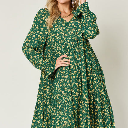 Double Take Full Size Printed Ruffle Hem Long Sleeve Dress