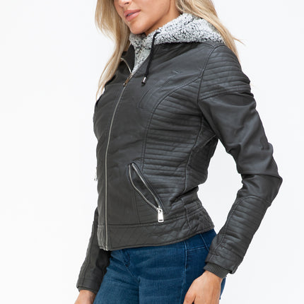 YMI Faux Layered Double-Zipper Jacket with Fuzzy Hood