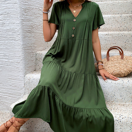 Tiered Notched Short Sleeve Midi Dress