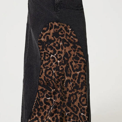 Slit Leopard Midi Denim Skirt