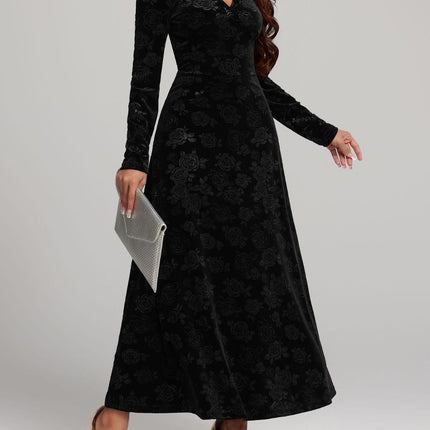 Rose Print V-Neck Long Sleeve Dress