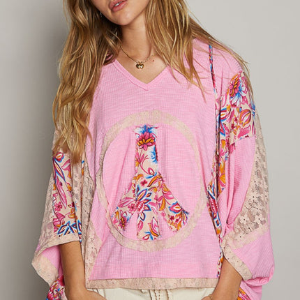 POL V-Neck Floral Print Peace Patch Lace Hooded Top