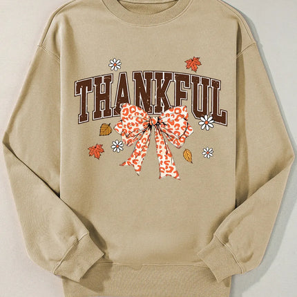 THANKFUL Bow Round Neck Long Sleeve Sweatshirt