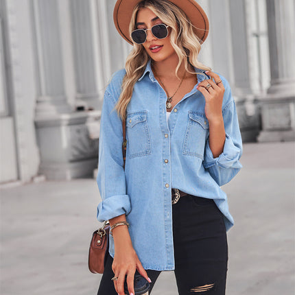 Collared Neck Dropped Shoulder Denim Top