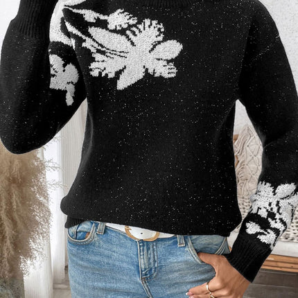 Perfee Flower Mock Neck Long Sleeve Sweater