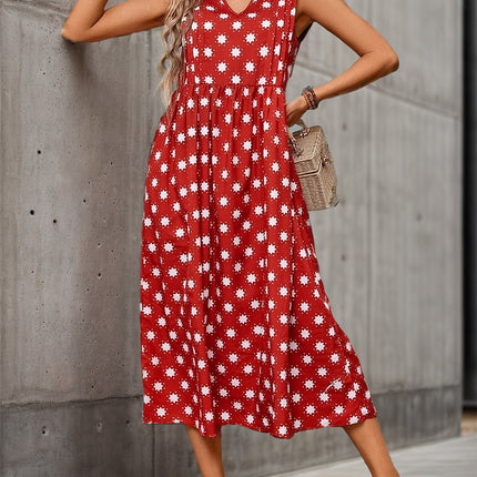 Printed V-Neck Sleeveless Midi Dress