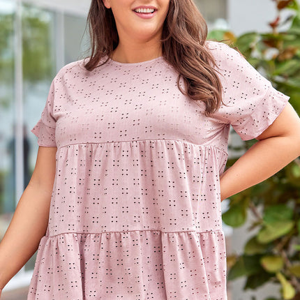 Plus Size Eyelet Round Neck Short Sleeve Blouse