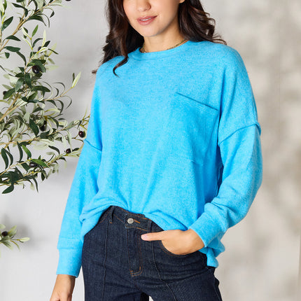 Zenana Round Neck Long Sleeve Sweater with Pocket