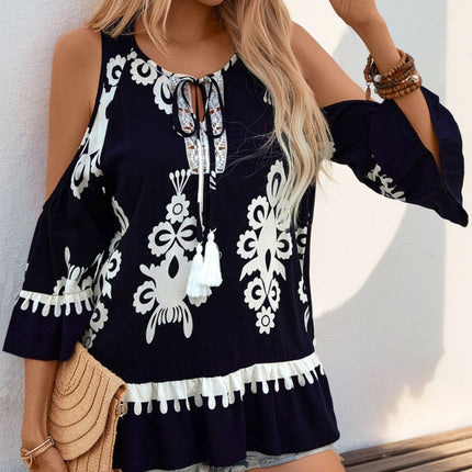 Tassel Printed Tie Neck Cold Shoulder Blouse