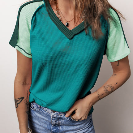 Color Block V-Neck Short Sleeve T-Shirt