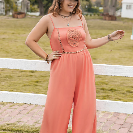 Plus Size Lace Detail Spaghetti Strap Wide Leg Jumpsuit