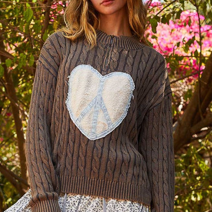 POL Cable-Knit Peace Patch Dropped Shoulder Sweater