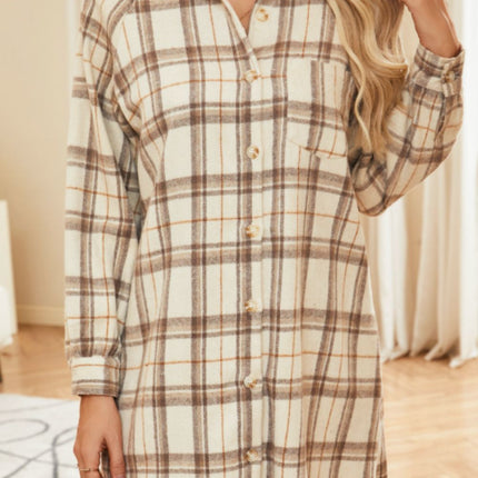 Plaid Collared Neck Long Sleeve Mini Shirt Dress