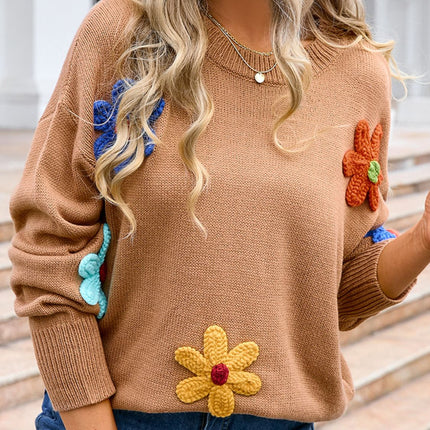 Crochet Flower Round Neck Sweater