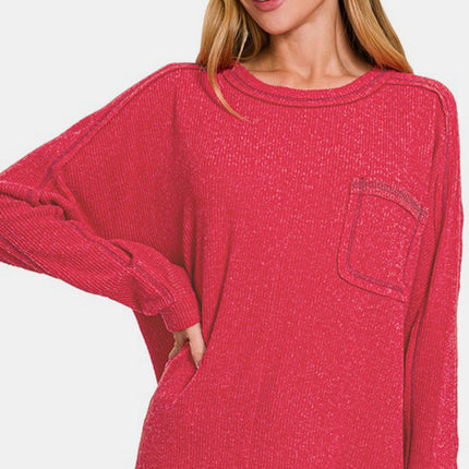 Zenana Full Size Contrast Stitching Brushed Ribbed Hacci Knit Top