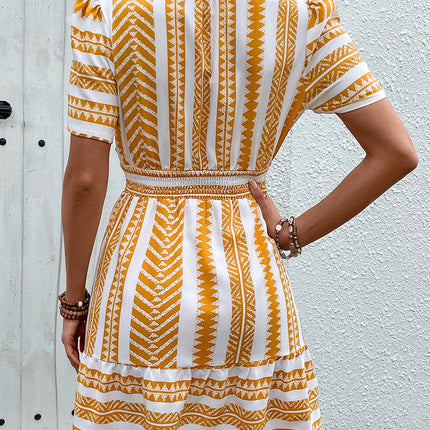 Geometric Notched Short Sleeve Mini Dress