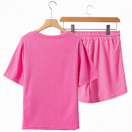 Waffle-Knit Bow Round Neck Top and Shorts Set