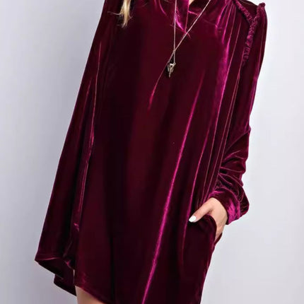 Frill Notched Long Sleeve Dress with Pockets