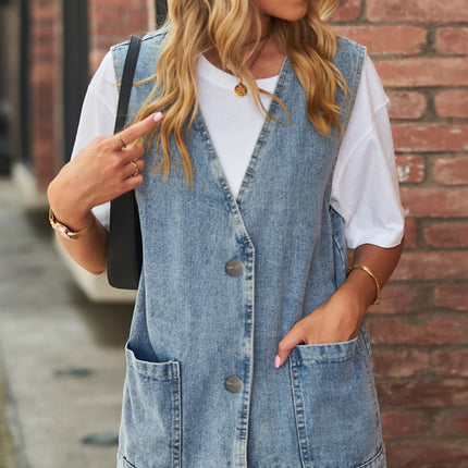 Full Size V-Neck Button Up Denim Vest