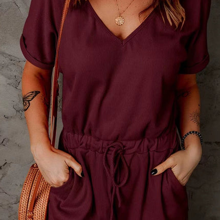 Full Size Drawstring V-Neck Short Sleeve Romper