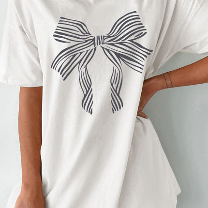 Bow Graphic Round Neck Short Sleeve T-Shirt