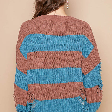 POL Striped Distressed Long Sleeve Sweater