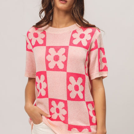 BiBi Flower Checker Pattern Short Sleeve Sweater