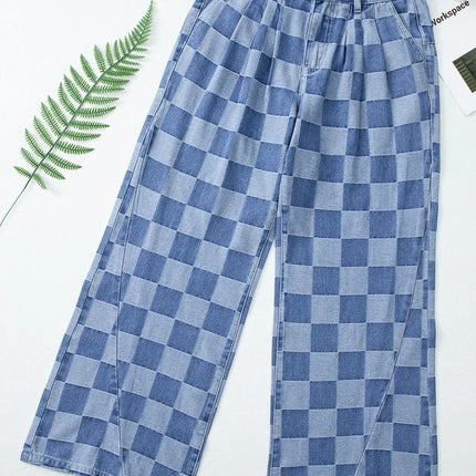 Checkered Wide Leg Jeans with Pockets - Vickie Lynn's