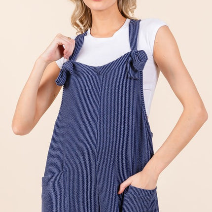 BOMBOM Knot Straps Wide Leg Ribbed Overalls with Pockets