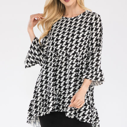 Celeste Full Size Houndstooth Flounce Sleeve High-Low Top