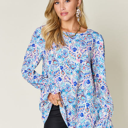 Double Take Full Size Printed Flounce Sleeve Blouse