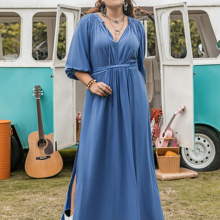 Plus Size Ruched Slit Three-Quarter Sleeve Midi Dress