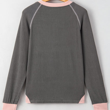 Textured Contrast Stitching Raglan Sleeve Top