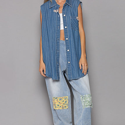 POL Button Down Sleeveless Striped Denim Shirt