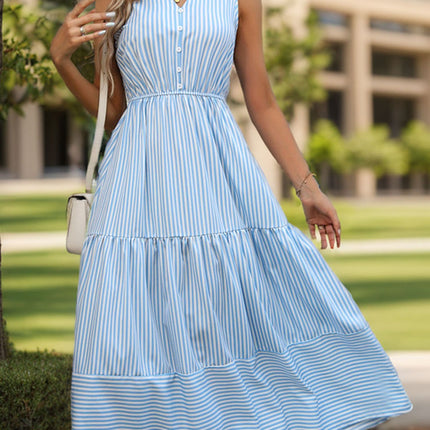 Striped Notched Sleeveless Midi Dress